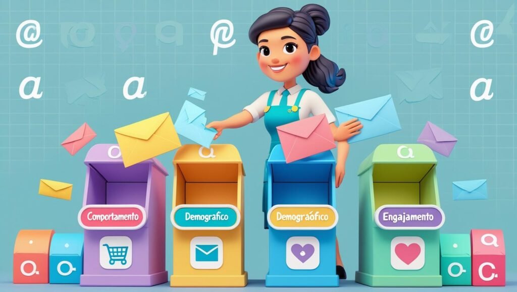 Icone de segmentação de e-mails dividido em 3 categorias: Comportamento (carrinho de compras), Demográfico (ícone de perfil) e Engajamento (coração e clique), representando estratégias avançadas de marketing por e-mail.