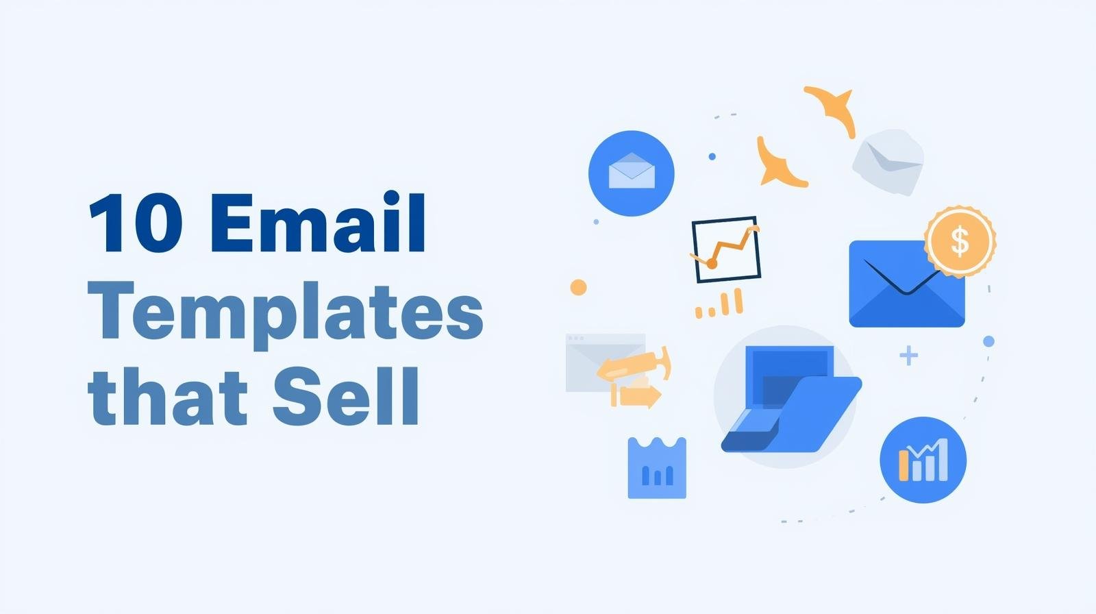 Imagem destaque para artigo de blog sobre marketing digital: 10 modelos de e-mails que vendem, com ícones de envelope, laptop e gráficos de conversão em azul e laranja.