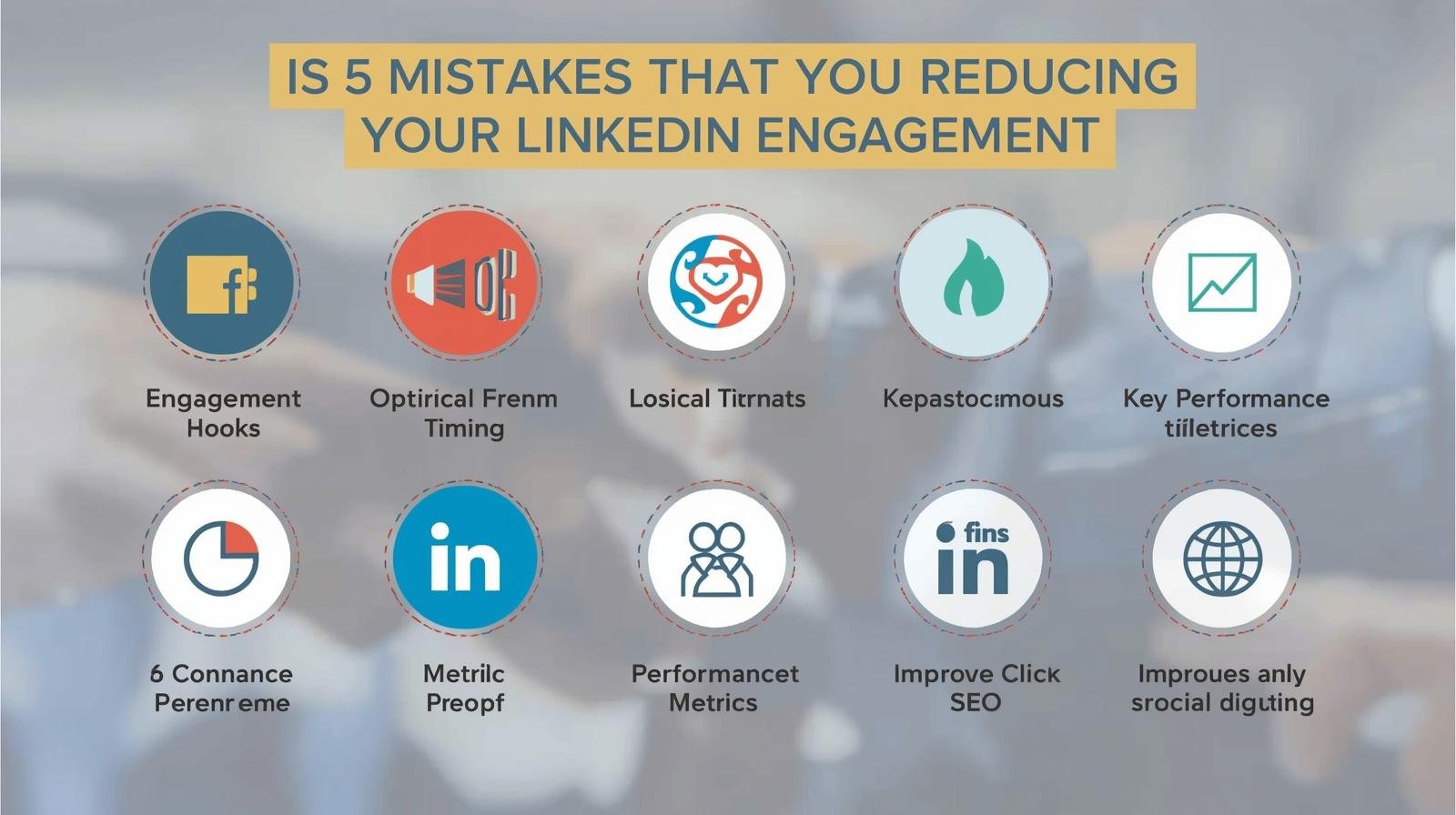 Banner com título “5 Erros que Estão Reduzindo seu Engajamento no LinkedIn”, ícones de engajamento e fundo com feed do LinkedIn desfocado.