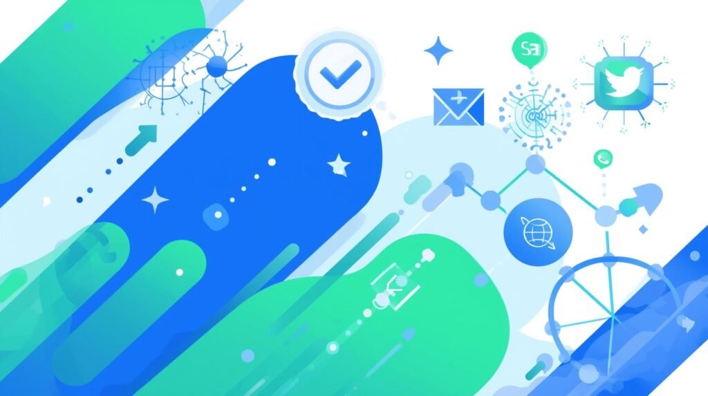 Imagem destaque “Autoridade e Distribuição” em SEO com ícones de links, selo de confiança, megafone e setas de compartilhamento em azul/verde