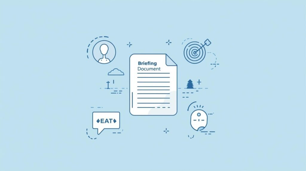 Ilustração de briefing editorial estruturado com checklist e elementos de planejamento para criação de conteúdo com ChatGPT