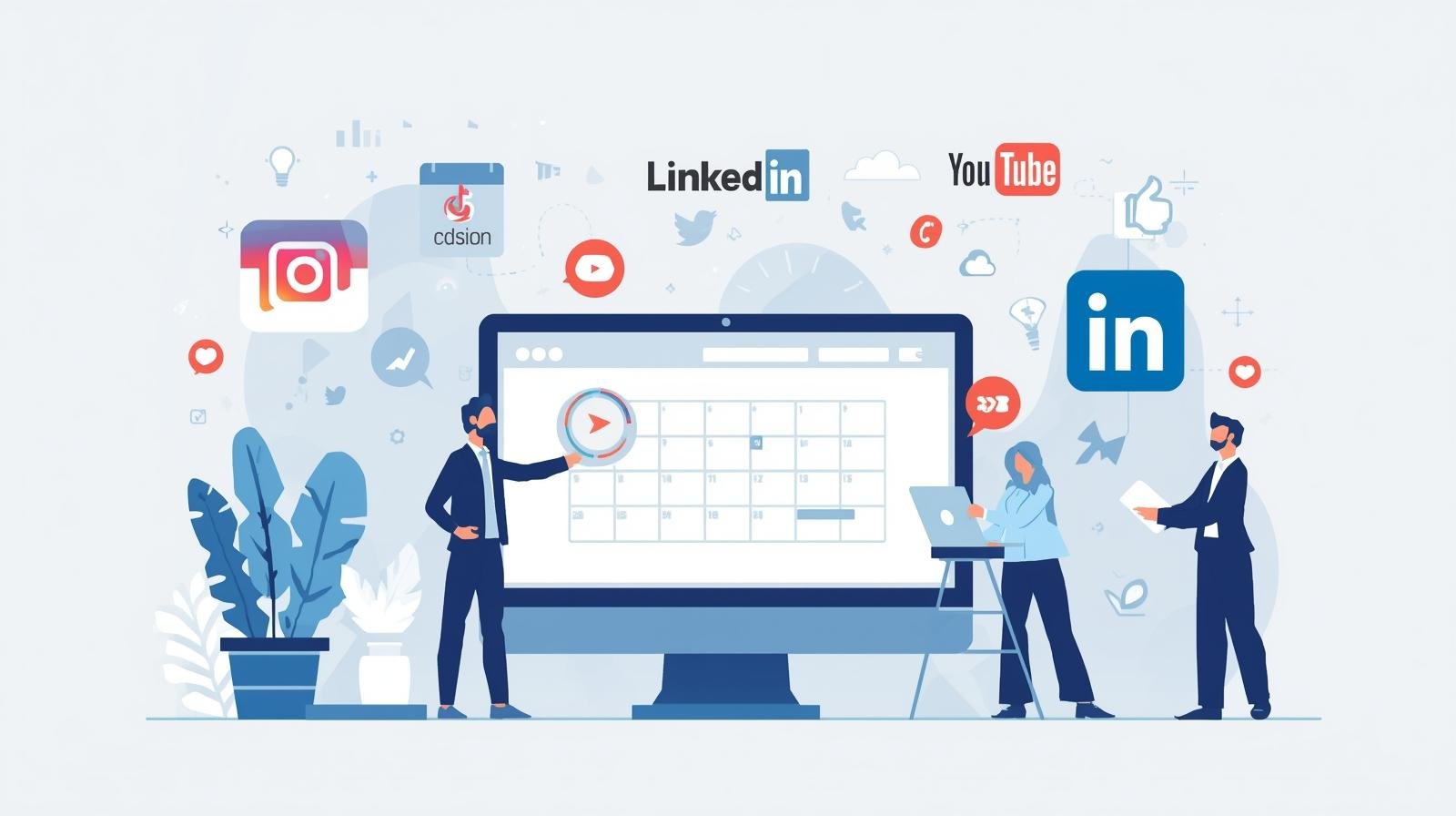 Calendário de conteúdo para redes sociais com ícones de Instagram, TikTok, LinkedIn e YouTube em capa de blog