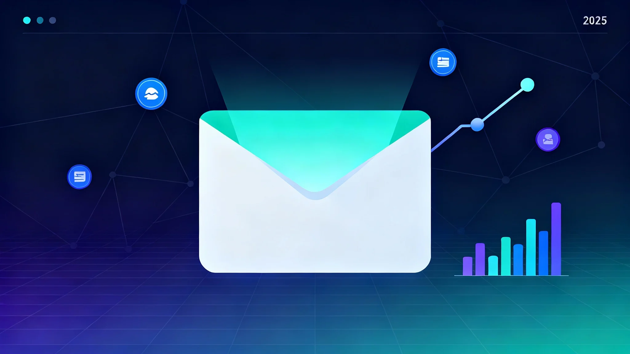 Ilustração minimalista de e-mail marketing em 2025, com envelope digital aberto, ícones de notificações e gráficos de crescimento em fundo azul e roxo.