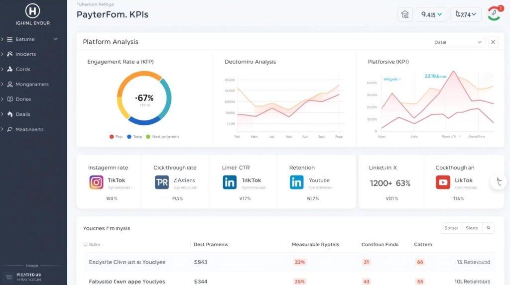 Dashboard com objetivos e KPIs por rede social (ER, CTR, retenção) e ícones de Instagram, TikTok, LinkedIn, YouTube e X