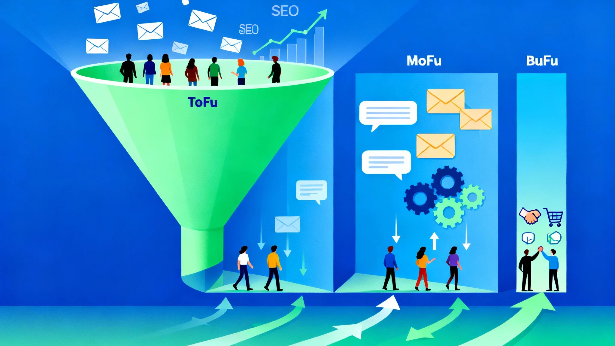 Ilustração horizontal de funil de vendas completo para sequência de e-mails na captação de leads, com etapas ToFu, MoFu e BoFu, incluindo envelopes, setas e ícones de SEO e automação.