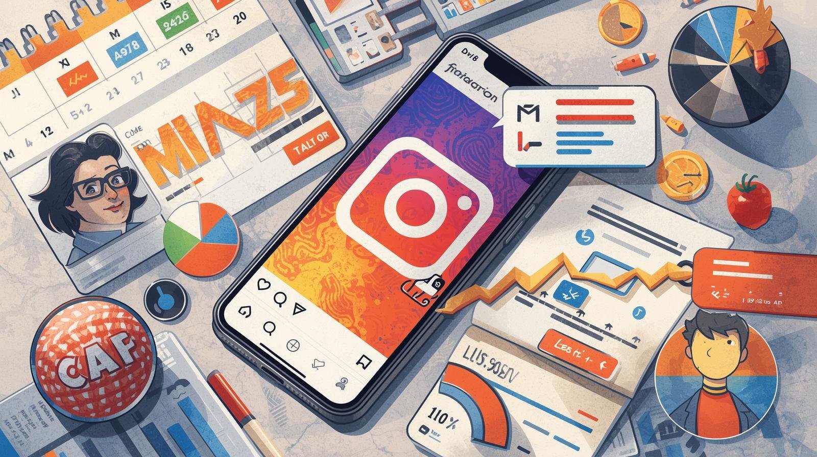 Imagem ilustrativa de estratégia de conteúdo para Instagram em 2025, com smartphone, calendário e gráficos de engajamento para planejamento de posts e otimização de conteúdo em redes sociais.