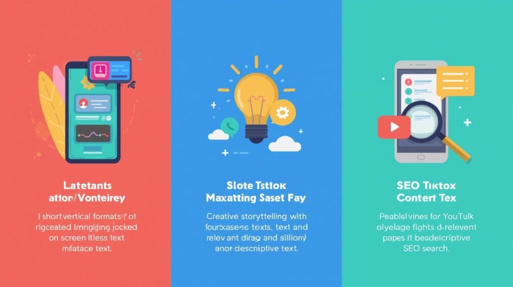 Formatos, criatividade e SEO de vídeo com ícones de celular vertical, ideias e lupa, nas cores YouTube e TikTok