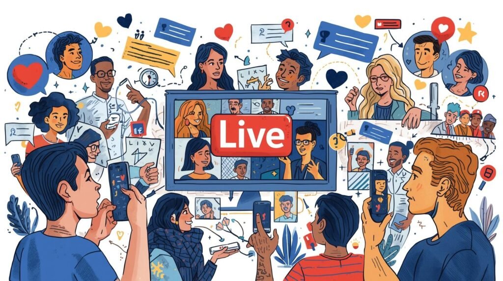 Transmissão ao vivo no Facebook com ícone de live, comentários em tempo real e audiência engajada assistindo conteúdo interativo