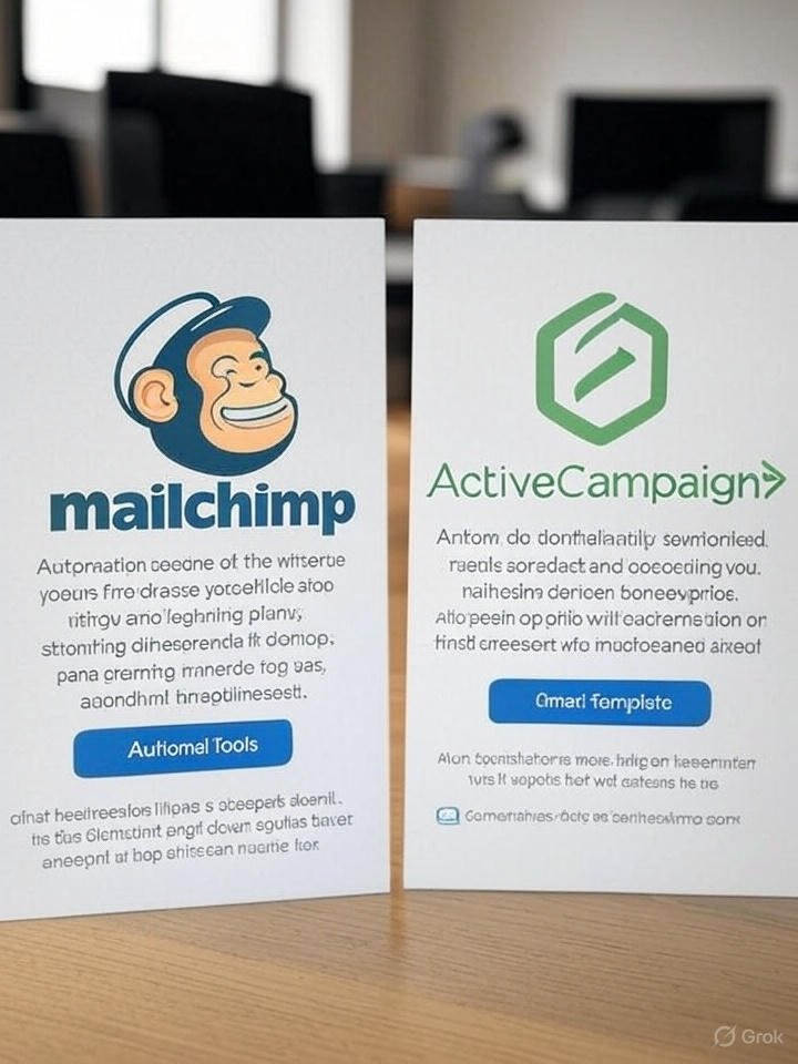 Cartazes comparando MailChimp e ActiveCampaign para automação de email marketing
