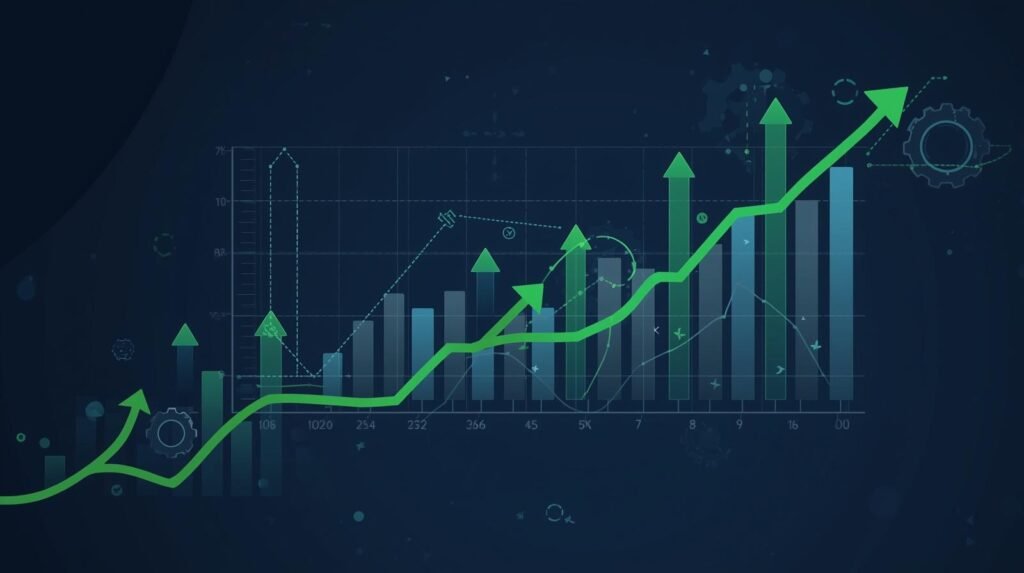 Painel de métricas com gráficos e engrenagens ilustrando medição e otimização contínua em SEO