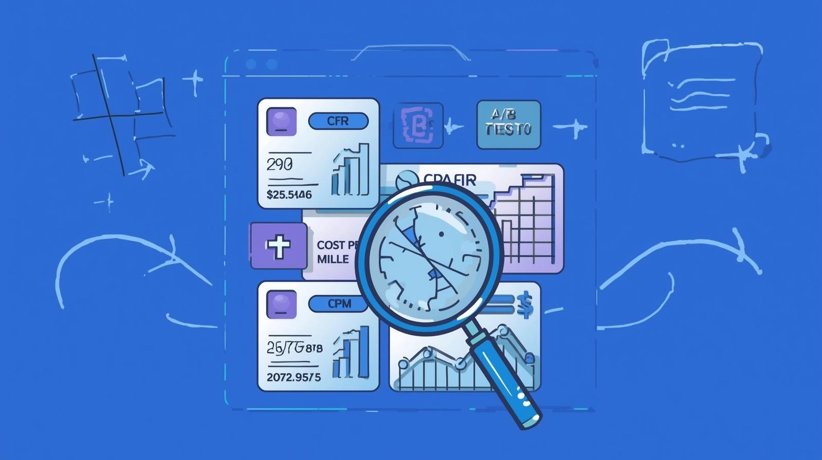 Imagem de otimização contínua com gráficos de CTR, CPC, CPM e conversões, checklist de testes A/B e lupa destacando métricas em marketing digital