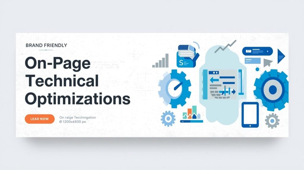 Banner sobre Otimizações Técnicas On-Page com ícones de engrenagens, código e velocímetro, destacando velocidade, estrutura e mobile-first