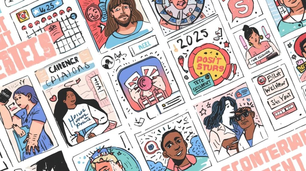 Imagem de planejamento de tipos de conteúdo e calendário editorial para Instagram em 2025, com calendário, ícones de Reels e Stories para estratégia de posts e otimização em redes sociais.