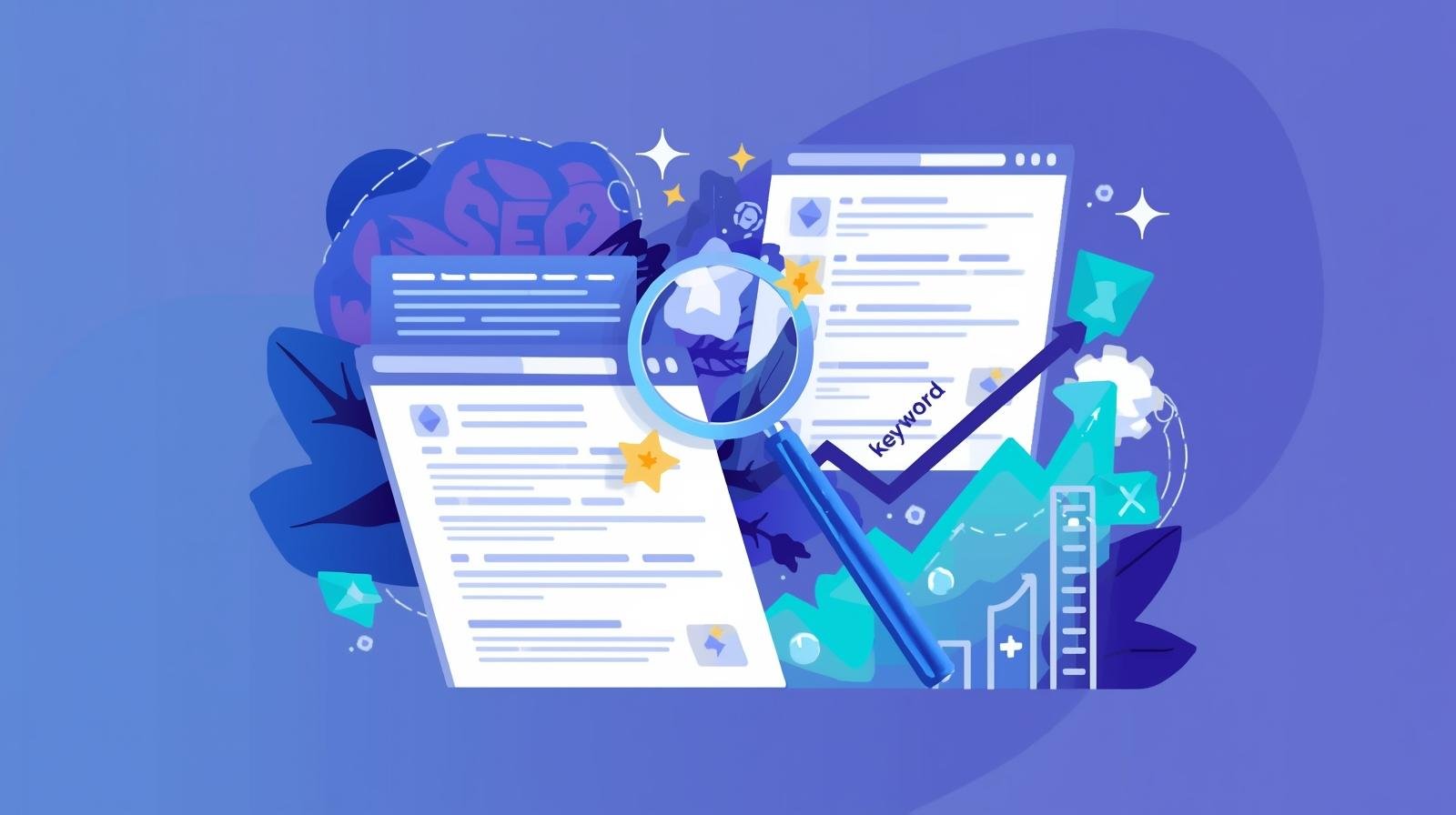 Imagem destaque de SEO para Iniciantes 2025 com gráficos, lupa e SERP, cores azul e roxo, estilo moderno