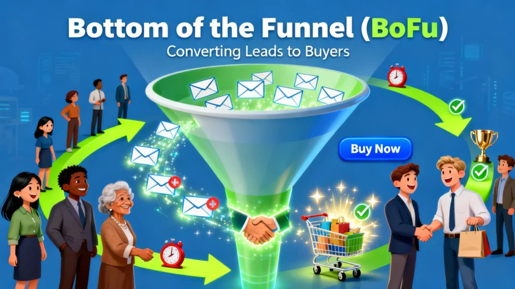 Ilustração horizontal do fundo do funil (BoFu) em e-mail marketing, mostrando envelopes convertendo leads em clientes com ícones de handshakes, carrinhos de compra e timers de urgência.
