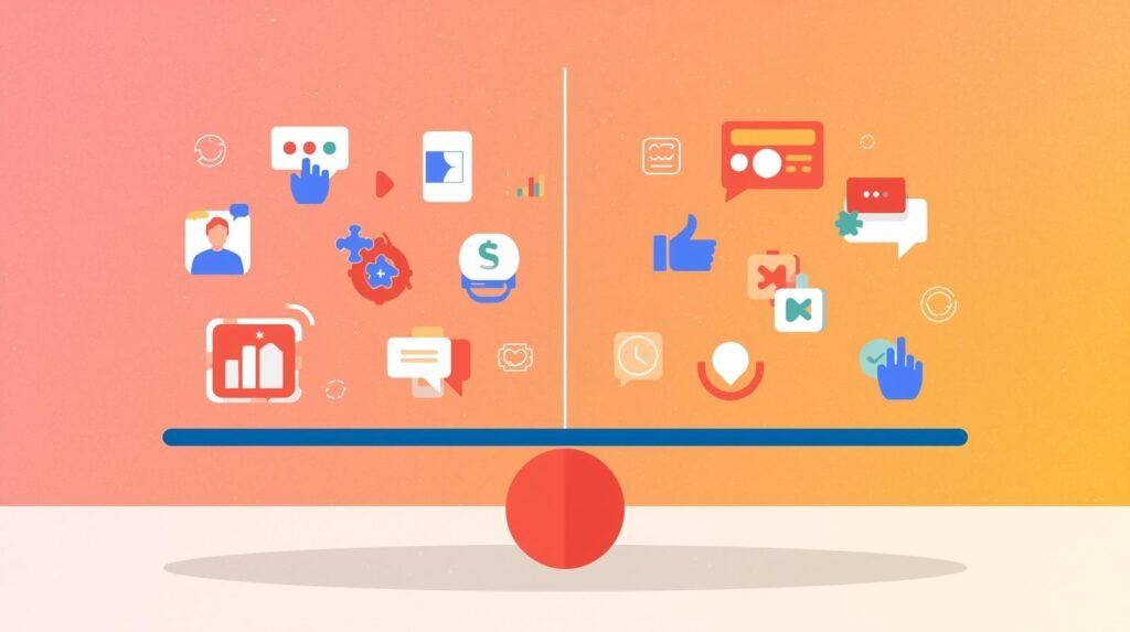 Sinais de Ranqueamento Instagram 2025: balança digital com ícones de salvamento, compartilhamento e tempo de visualização mais pesados que curtidas.