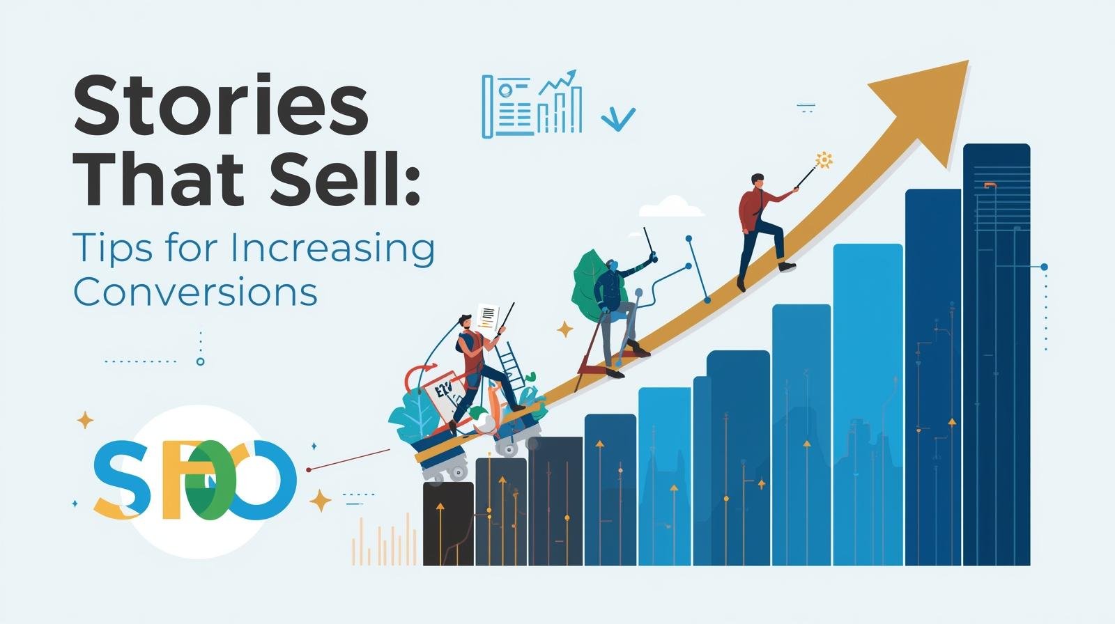 Ilustração de storytelling para marketing digital mostrando livro transformando-se em gráfico de conversões com ícones de redes sociais