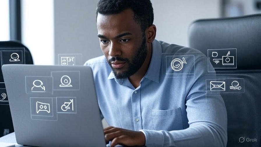 Profissional criando campanha de e-mail marketing em laptop com ícones de gatilhos mentais como urgência e prova social, em ambiente de escritório.