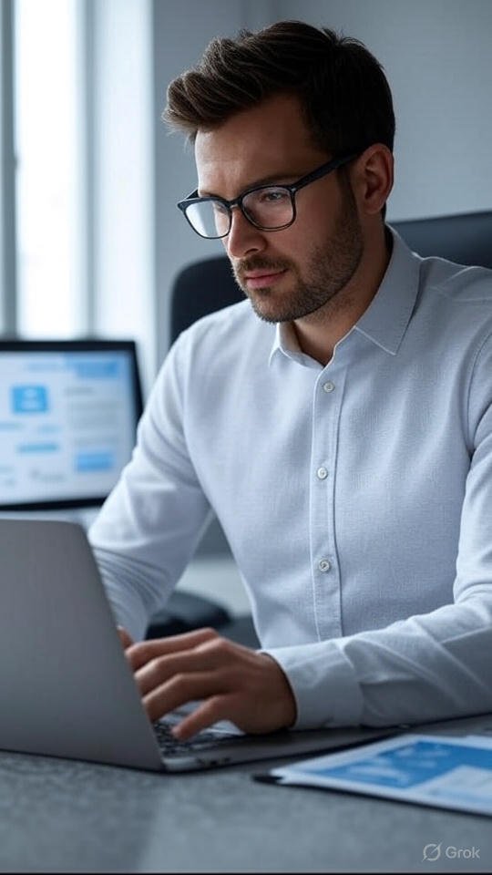 Profissional criando uma campanha de e-mail marketing em um laptop, com ícones representando gatilhos mentais como urgência e prova social.