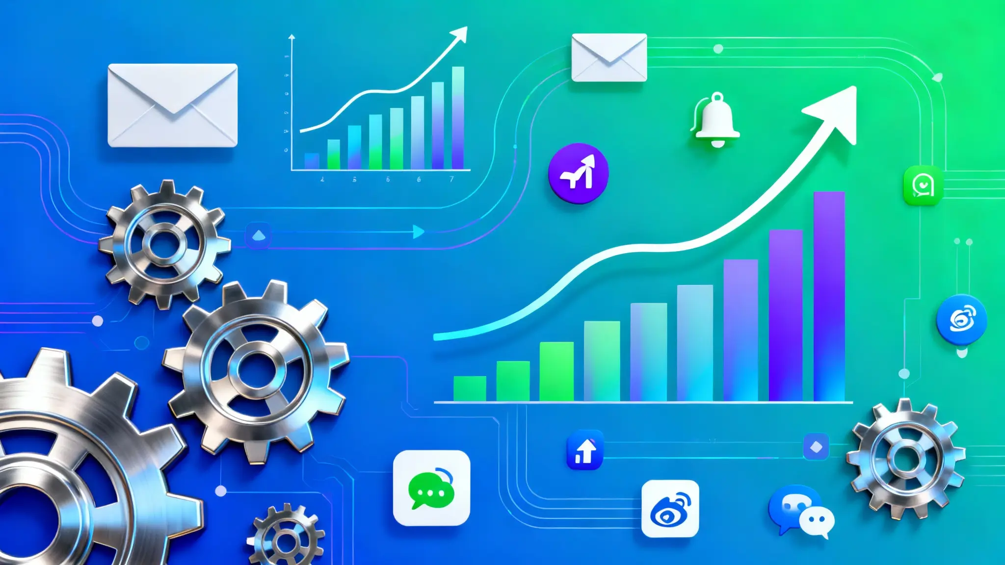 Automação de marketing representada por engrenagens interconectadas, gráficos de crescimento e ícones digitais em estilo clean e tecnológico.
