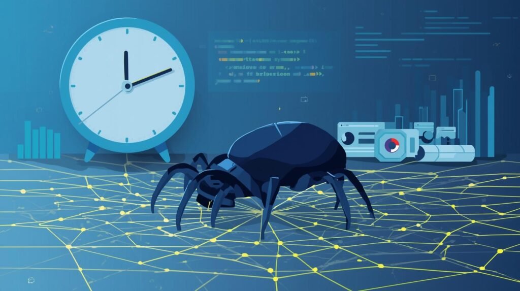 Ilustração de crawl budget mostrando robô Googlebot rastreando páginas web com indicadores de tempo e priorização para otimização de SEO técnico