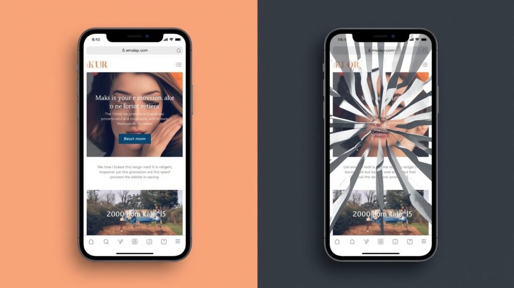 Comparação entre e-mail responsivo e não responsivo em dispositivos móveis mostrando diferenças de layout